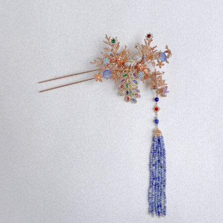 Magnificent Peacock Pagoda Garden Hairpin - Gold, Blue
