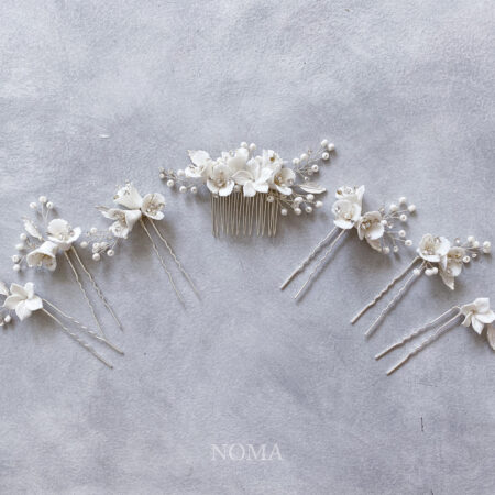 Clay Flower Simple Decor Haircomb and Hairpin Set - White Silver (7 pcs)