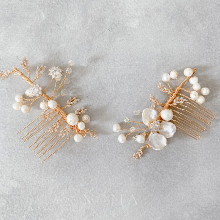 Extravagant Pearl Flower Side Haircomb Set - Gold (2 pcs)