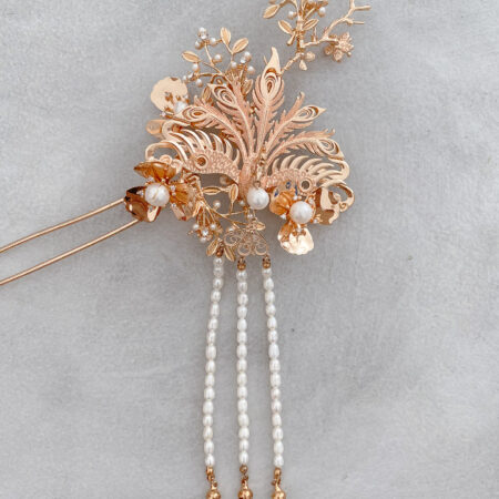 3D Peacock Flower Garden Hairpin - Gold (Left)