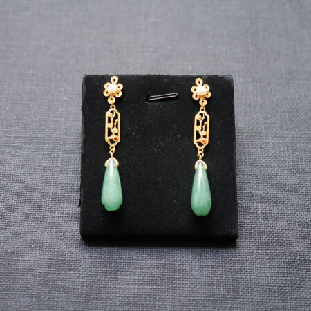Cherry Blossoms Teardrop Jade Earrings - Gold, Light Jade
