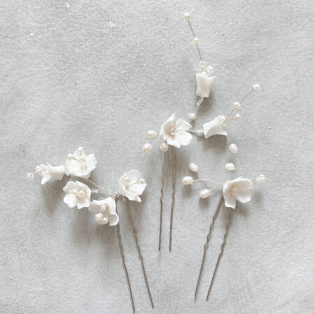 Clay Flower Blossom Hairpin Set - White Silver (3 pcs)
