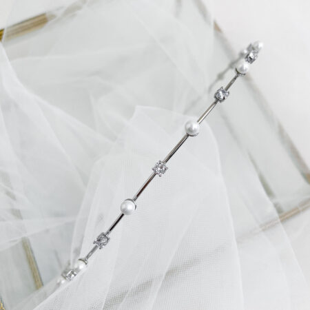 Pearl and Diamond Touch Headband - Rhodium White Gold, White Pearl
