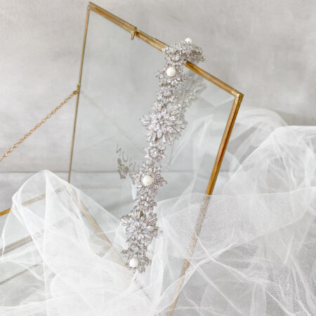 Snowflakes All Around Headband - Rhodium White Gold, White Pearl