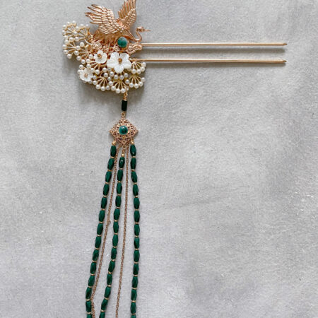 Crane Flowers Hairpin - Gold, Jade (Right)