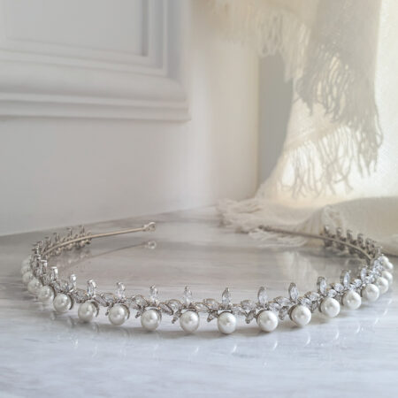 Pearl Elegance Headband - Rhodium White Gold, White Pearl
