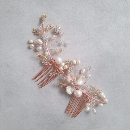 Extravagant Pearl Flower Side Haircomb Set - Rose Gold (2 pcs)