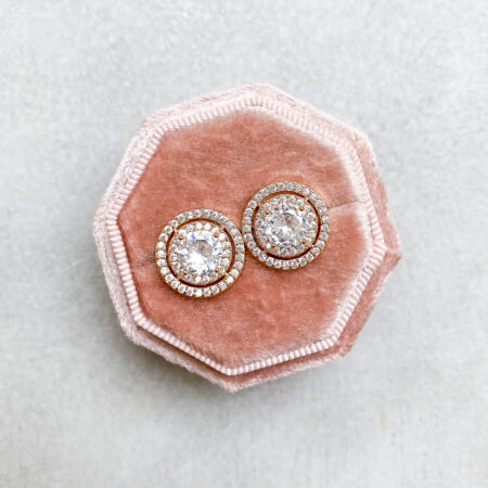 Round Halo with Extra Bezel Earrings - 18k Yellow Gold, White Diamond