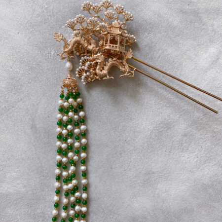 3D Dragon Pagoda Garden Hairpin - Gold, Jade (Right)