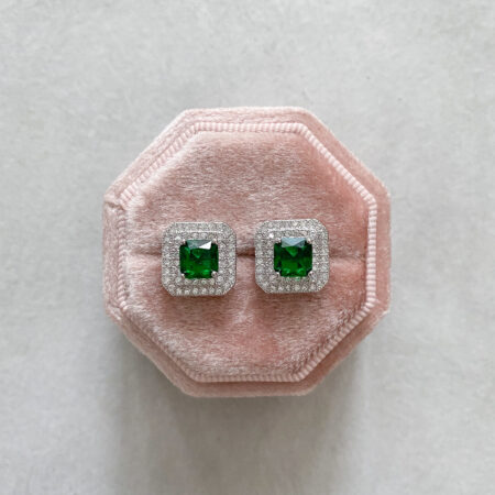 Double Bezel Square Earrings - Rhodium White Gold, Emerald