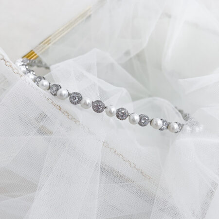 Round Halo Small Pearl Headband - Rhodium White Gold, White Pearl