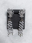 Pearl Chain Bird Earrings - Rhodium White Gold, White Diamond