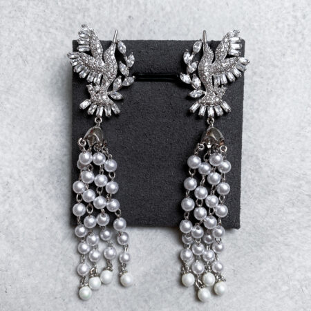 Pearl Chain Bird Earrings - Rhodium White Gold, White Diamond