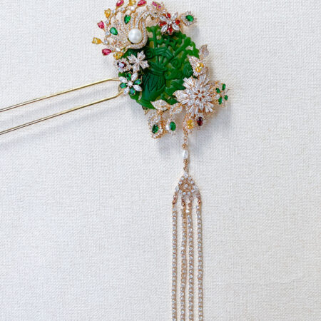 Carved Jade Peacock Gems Hairpin - Gold, Rainbow