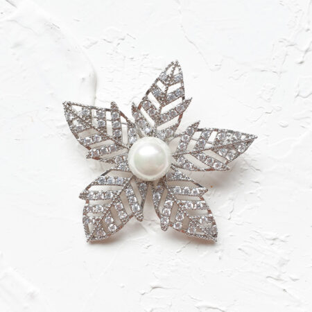 Leaves Arrangement Pearl Brooch - Rhodium White Gold, White Pearl