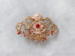 Twin Dragon Floral Brooch - Gold, Red