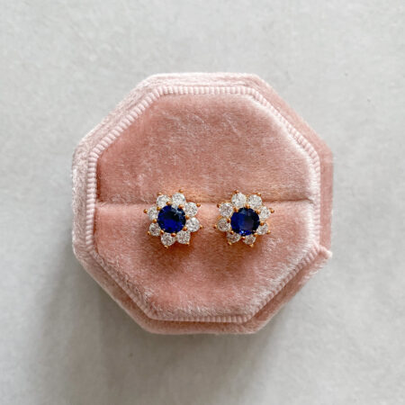 Round Paved Stud Earrings - 18k Yellow Gold, Sapphire (Needle)