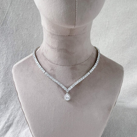 V Round Descending Choker with Double Bezel Pear Pendant Necklace - Rhodium White Gold