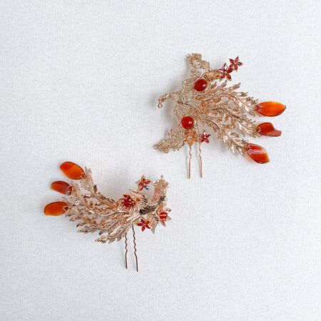 Flying Phoenix Tail Pagoda Koi Ponytail Hairpin Set - Gold, Red (2 pcs)