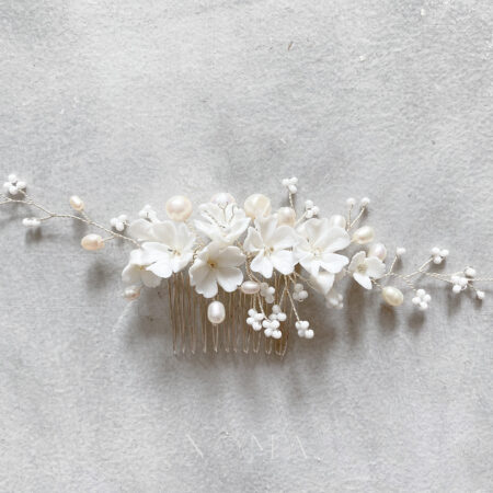 Clay Flower Blossom Dainty Haircomb - White Silver