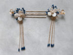 Floral Pearl Hairpin - Gold, Navy (Left)
