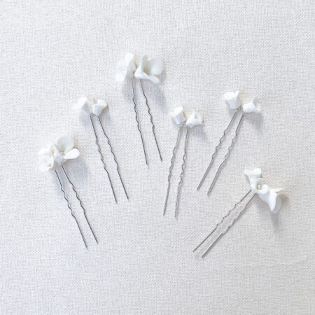 Clay Flower Simple Hairpin Set - White Silver (6 pcs)