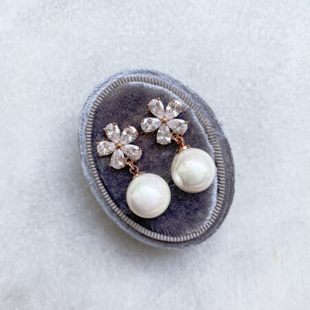 Five Petals Pearl Earrings - 18k Rose Gold, White Pearl
