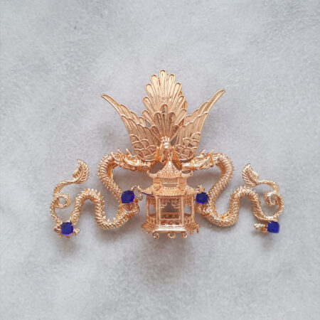 Phoenix Dragon Pagoda Brooch - Gold, Navy