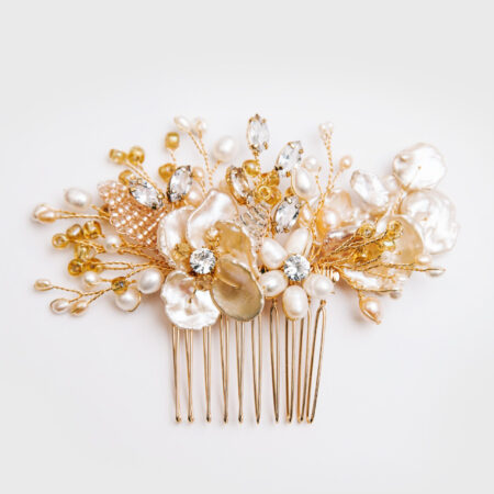 Pearl Beaded Leaves Haircomb - Gold
