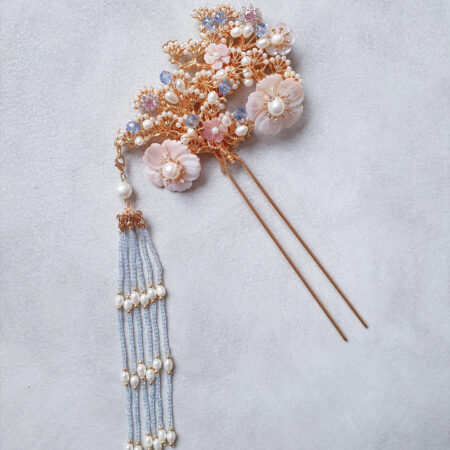 Gold Oriental Tree Hairpin - Gold, Blue