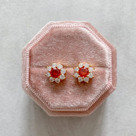 Round Paved Stud Earrings - 18k Yellow Gold, Ruby (Clip)