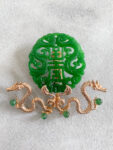 Carved Jade Dragon Brooch - Gold, Jade