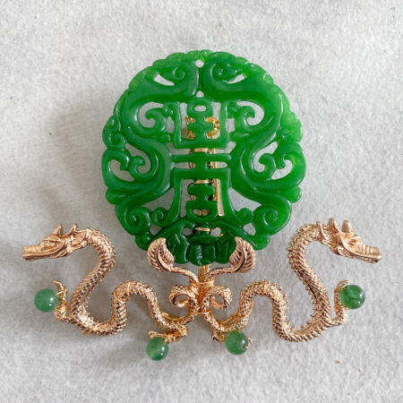 Carved Jade Dragon Brooch - Gold, Jade