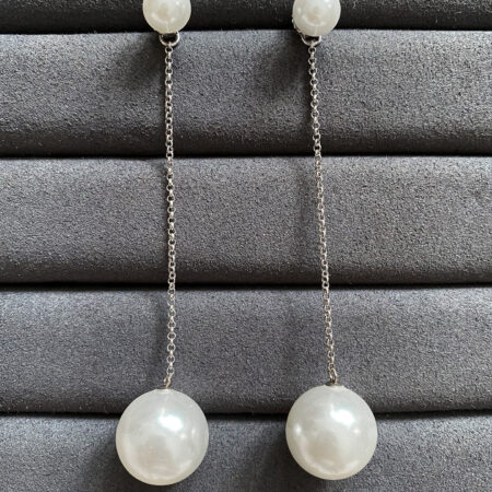 Extra Long Top Down Pearl Earrings - Unplated Silver, White Pearl
