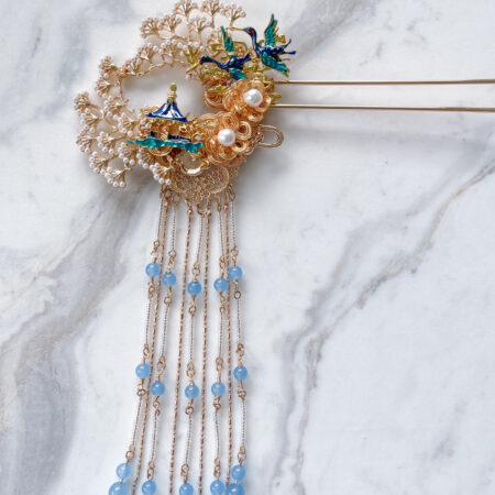 Blue Swallow Flower Art Hairpin - Gold