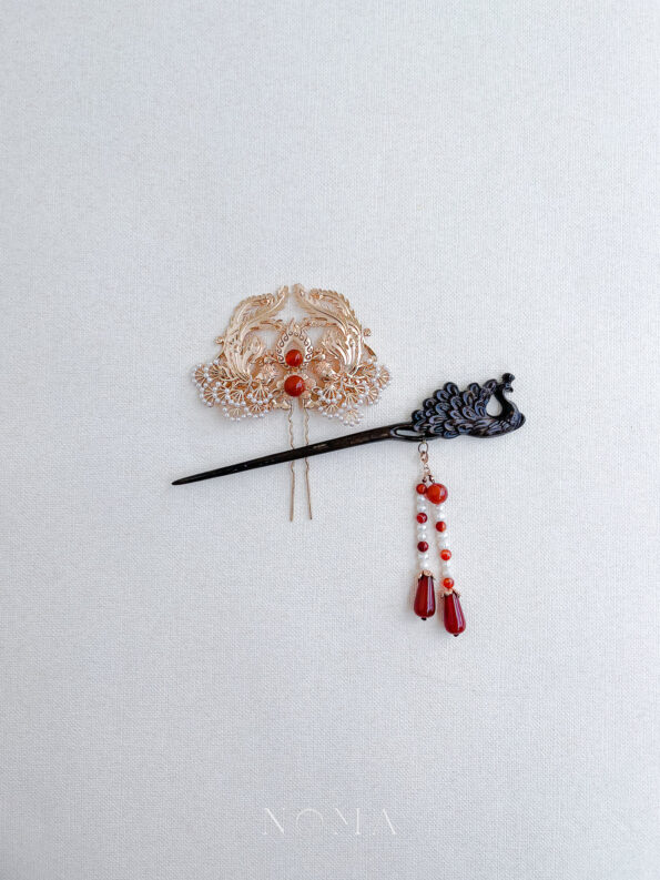 CHN-202000106-Carved-Peacock-Wooden-Hairpin-Gold-Red-2