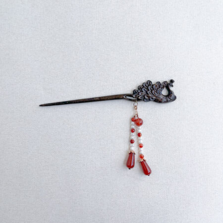 Carved Peacock Wooden Hairpin - Gold, Red