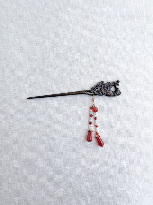 CHN-202000106-Carved-Peacock-Wooden-Hairpin-Gold-Red