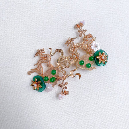 Dragon Cloud Jade Lotus Brooch - Gold, Jade