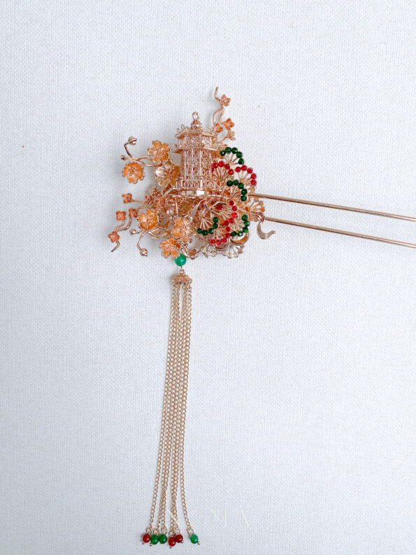 CHN-202200069 – Beautiful Pagoda Blossom Hairpin – Gold – Red – Right – C2
