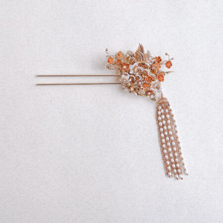 Flying Crane Pearl Blossom Hairpin - Gold, White (Left)