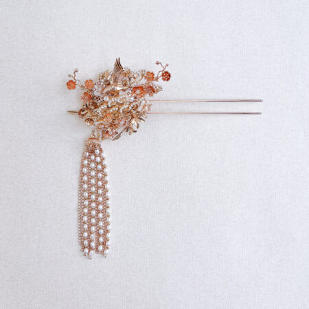 Flying Crane Pearl Blossom Hairpin - Gold, White (Right)