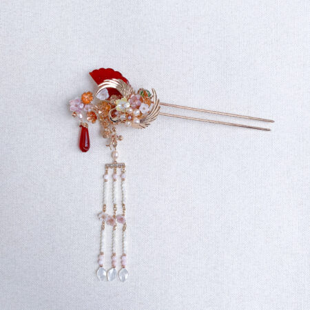 Crane Fan-Shaped Jade Hairpin - Gold, Red