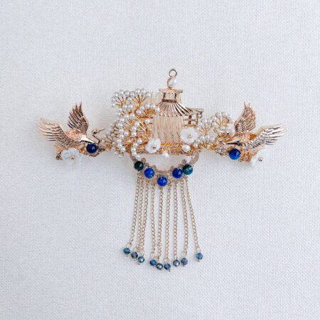 Crane Flowers Haircomb - Gold, Blue