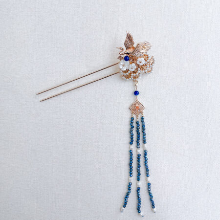 Crane Flowers Hairpin - Gold, Blue (Left)