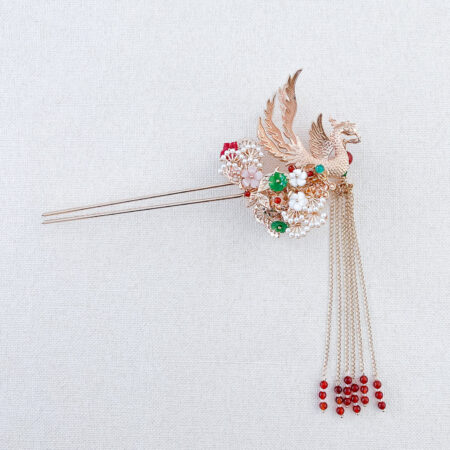 4D Phoenix Feather Pearl Tree Hairpin - Gold (Left)