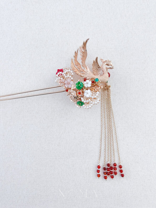 CHN-202300014 – 4D Phoenix Feather Pearl Tree Hairpin – Gold – – Left – C2