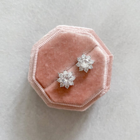 Round Paved Stud Earrings - Rhodium White Gold, White Diamond (Clip)