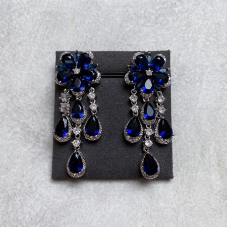 Blue Sapphire Flower Earrings - Rhodium White Gold, Sapphire