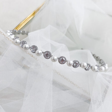 Round Halo Medium Pearl Headband - Rhodium White Gold, White Pearl